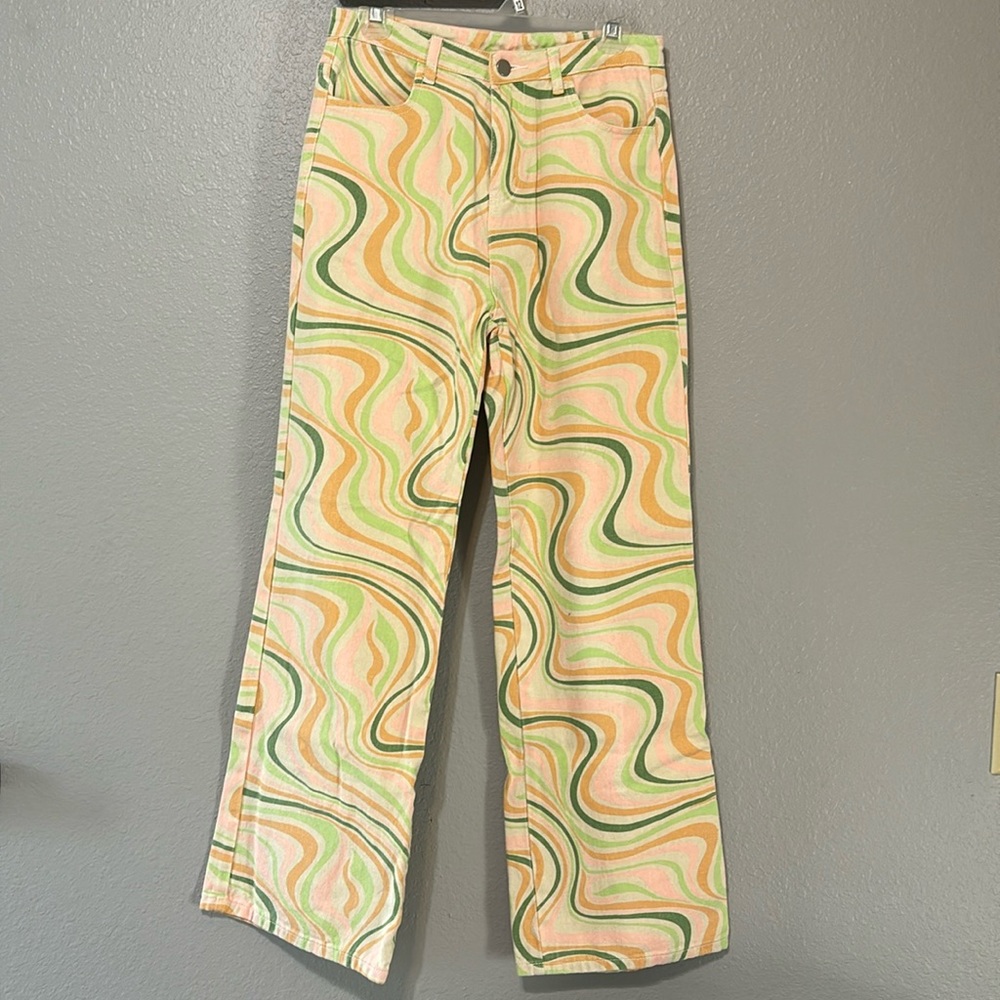 Bailey Rose pink, green, and orange printed jeans. Size W medium.